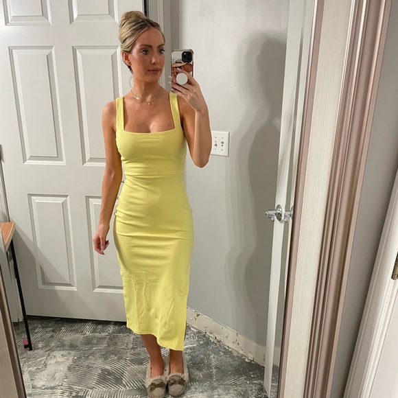 Yellow Bodycon Square Neck Tank Midi Dress - Picture 2 of 16